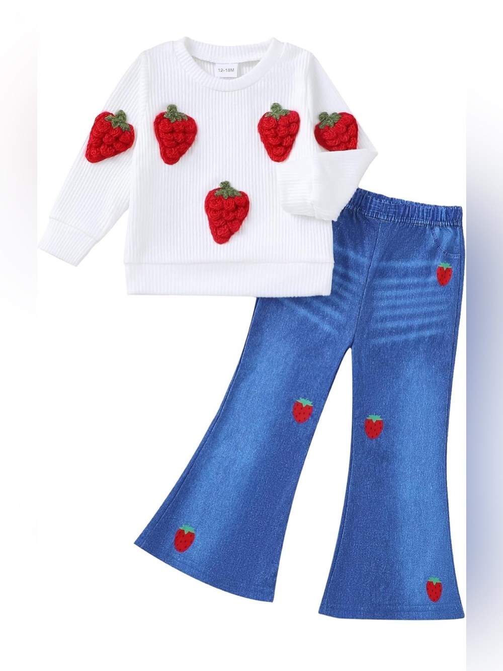 Girls Strawberry Appliqué Sweater & Flare Jeans Set - White & Red